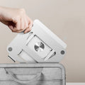Adjustable aluminium laptop stand holding a laptop